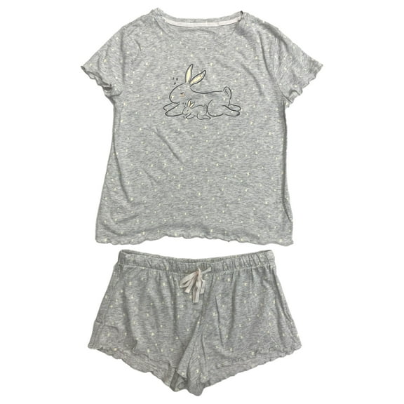 Womens Lightweight Gray Bunny Rabbit Pajamas Shorts & Tee Shirt Sleep Set Large