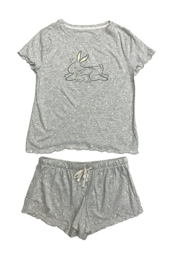 Womens Lightweight Gray Bunny Rabbit Pajamas Shorts & Tee Shirt Sleep Set Medium
