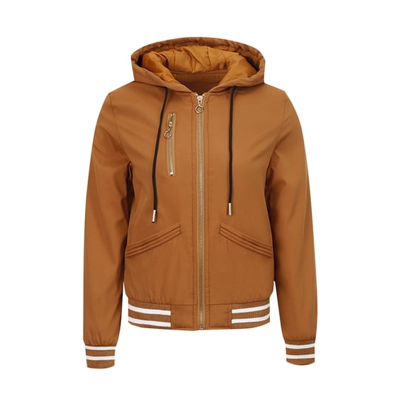 Womens Lightweight Hooded Bomber Jacket Solid Color Zip Up Pocket For Casual Winter Layered Wear Womens Winter Coats