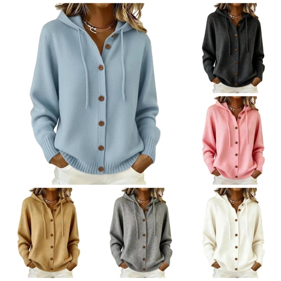 Womens Lightweight Hooded Cardigan Knit Open Front Long Sleeve Loose Sweater Light Blue,Size L