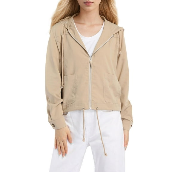 Womens Lightweight Hooded Zip-Front Jacket Casual Coat with Drawstrings