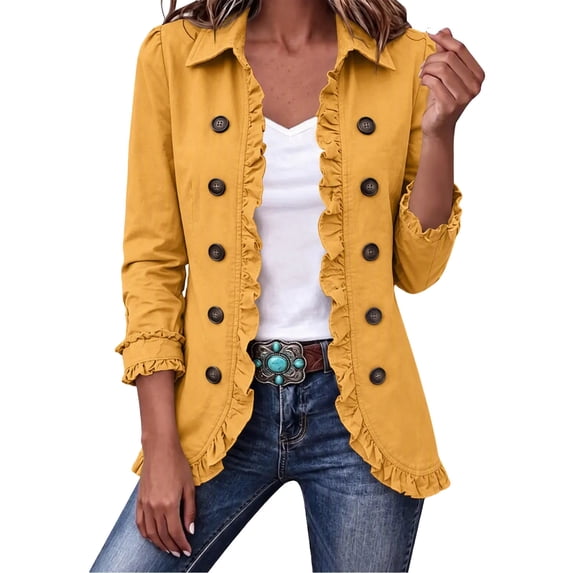 Womens Lightweight Jacket Long Sleeve Ruffle Button Front Cardigan Jacket Open Front Lapel Collar Double Breasted Casual Outerwear Coat with Lining