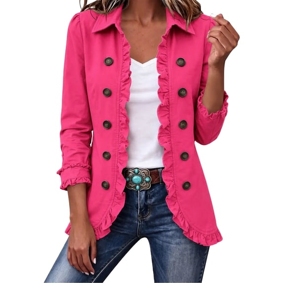 Womens Lightweight Jacket Long Sleeve Ruffle Button Front Cardigan Jacket Open Front Lapel Collar Double Breasted Casual Outerwear Coat with Lining