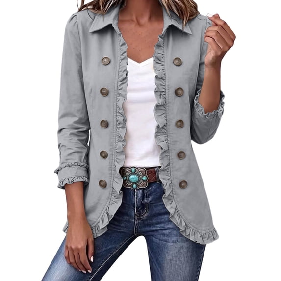 Womens Lightweight Jacket Long Sleeve Ruffle Button Front Cardigan Jacket Open Front Lapel Collar Double Breasted Casual Outerwear Coat with Lining