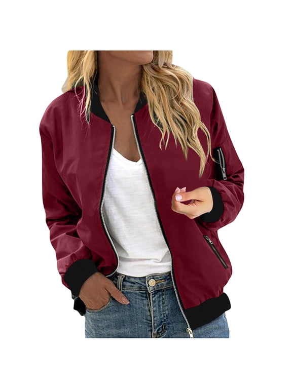 Womens Lightweight Jacket No Hood - Full Zip Bomber Jackets with Zipped Pockets Solid Fall Fashion Outwear (L, Wine)