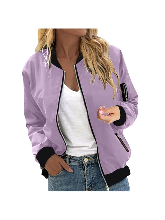 Womens Lightweight Jacket No Hood - Full Zip Bomber Jackets with Zipped Pockets Solid Fall Fashion Outwear (M, Purple)