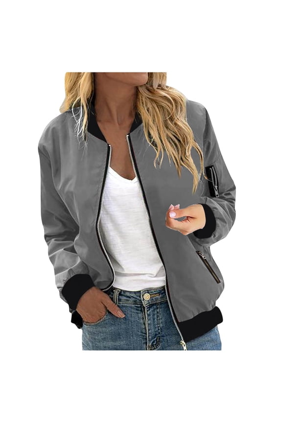 Womens Lightweight Jacket No Hood - Full Zip Bomber Jackets with Zipped Pockets Solid Fall Fashion Outwear (XL, Gray)