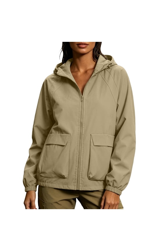Womens Lightweight Jackets New Fall Hooded Rain Coat for Women - Lightweight Zip up Windproof Rain Jackets - Casual Outdoor Windproof Jacket with Pockets