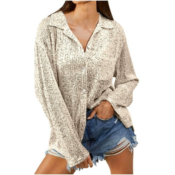 Womens Lightweight Jackets Sevevn Women's Fashion Sequin Long-Sleeved Lapel Shirt Casual Shirt