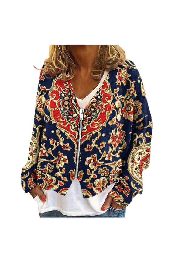 Womens Lightweight Jackets V Neck Front Zip Long Sleeve Print Cardigancasual Loose Fall Winter Coat With Irregular Hem (M, Dark Blue)