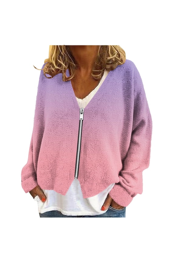 Womens Lightweight Jackets V Neck Front Zip Long Sleeve Print Cardigancasual Loose Fall Winter Coat With Irregular Hem (S, Pink)