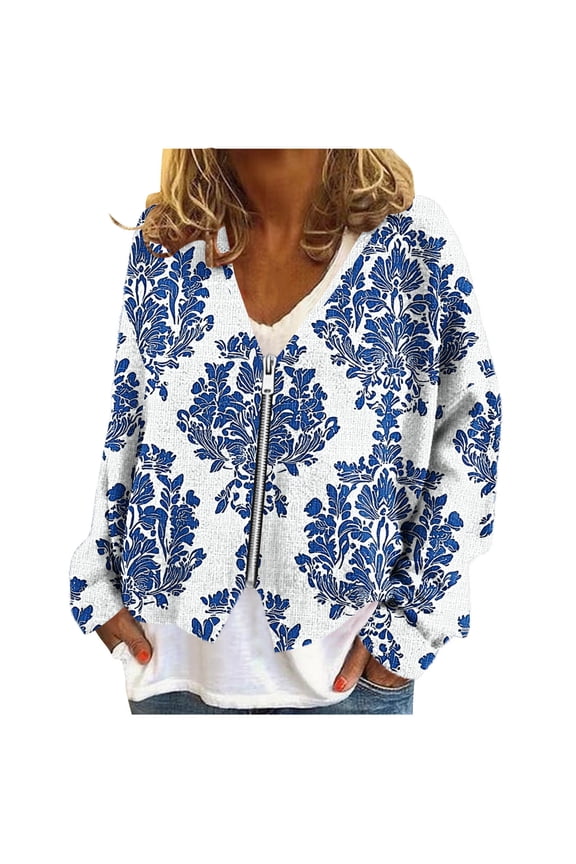 Womens Lightweight Jackets V Neck Front Zip Long Sleeve Print Cardigancasual Loose Fall Winter Coat With Irregular Hem (XL, Blue-A)