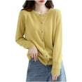 thumbnail image 1 of Womens Lightweight Knit Cardigan Long Sleeve Button Down Cardigans Sweater Fall Soft Crew Neck Shrugs Tops Yellow, 2XL, 1 of 4