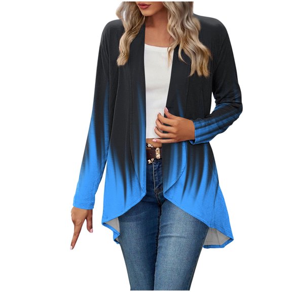Womens Lightweight Long Sleeve Coat Fall Gradient Open Front Cardigans Comfy Dressy Casual Tops Work Office Blue, M