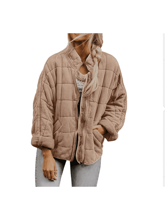 Womens Lightweight Long Sleeve Full-Zip Quilted Jacket Stand Neck Puffer Jacket Coat Warm Winter Outerwear