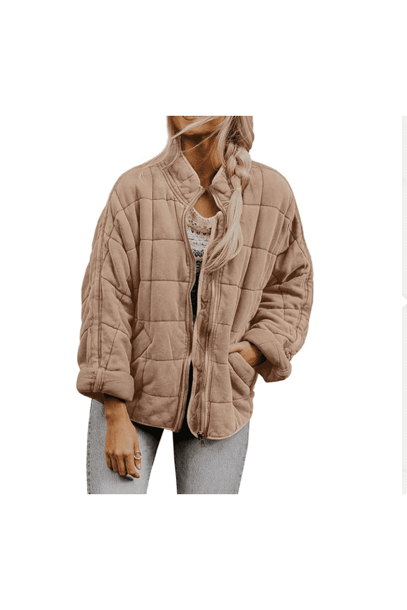 Womens Lightweight Long Sleeve Full-Zip Quilted Jacket Stand Neck Puffer Jacket Coat Warm Winter Outerwear