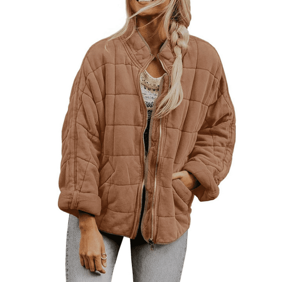 Womens Lightweight Long Sleeve Full-Zip Quilted Jacket Stand Neck Puffer Jacket Coat Warm Winter Outerwear