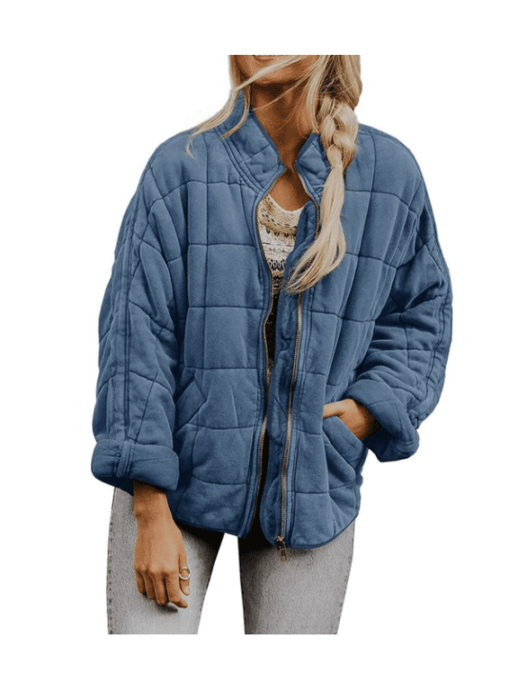 Womens Lightweight Long Sleeve Full-Zip Quilted Jacket Stand Neck Puffer Jacket Coat Warm Winter Outerwear
