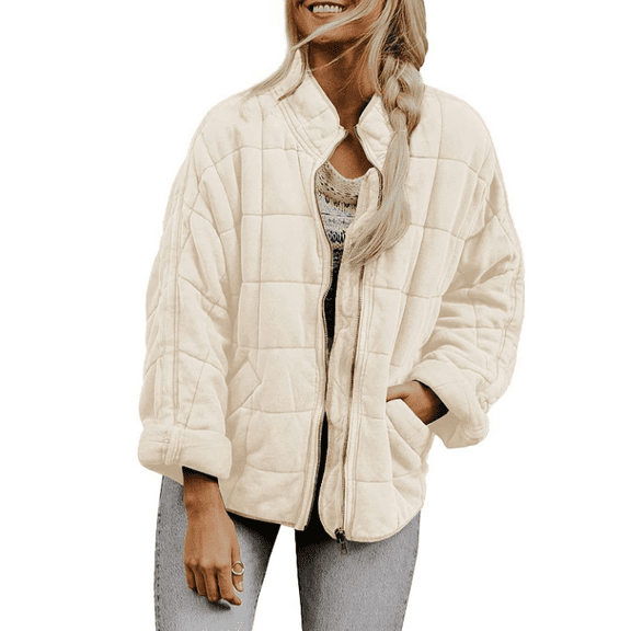 Womens Lightweight Long Sleeve Full-Zip Quilted Jacket Stand Neck Puffer Jacket Coat Warm Winter Outerwear