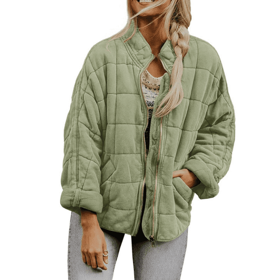 Womens Lightweight Long Sleeve Full-Zip Quilted Jacket Stand Neck Puffer Jacket Coat Warm Winter Outerwear