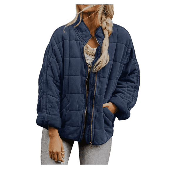 Womens Lightweight Long Sleeve Full-Zip Quilted Jacket Stand Neck Puffer Jacket Coat Warm Winter Outerwear