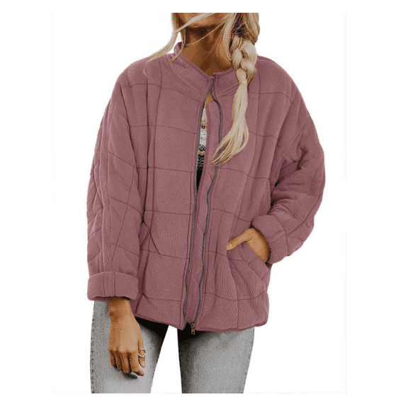 Womens Lightweight Long Sleeve Full-Zip Quilted Jacket Stand Neck Puffer Jacket Coat Warm Winter Outerwear