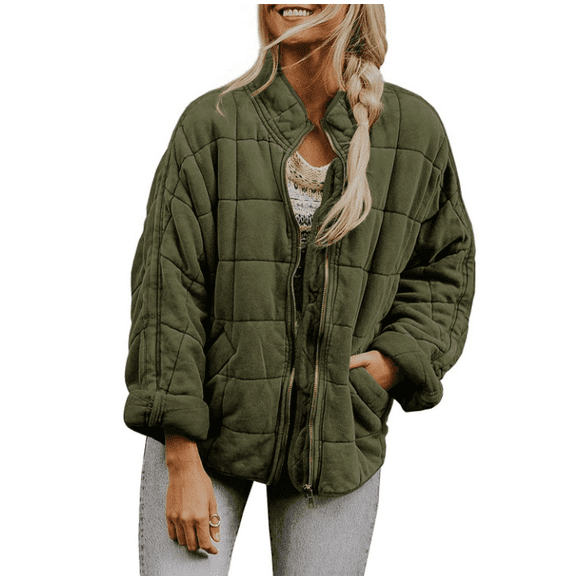 Womens Lightweight Long Sleeve Full-Zip Quilted Jacket Stand Neck Puffer Jacket Coat Warm Winter Outerwear