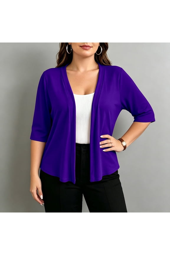 Womens Lightweight Open Front Cardigan 3/4 Sleeve - Relaxed Fit Knit Topper for Work or Travel, Purple,Size XL