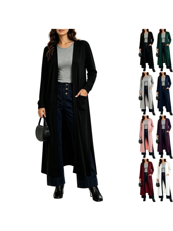 Womens Lightweight Open Front Cardigan Duster Maxi Long Sleeve Side Split Coatigan Sweaters with Pockets Casual Travel Cozy Lounge Fall Outfits, Black, M