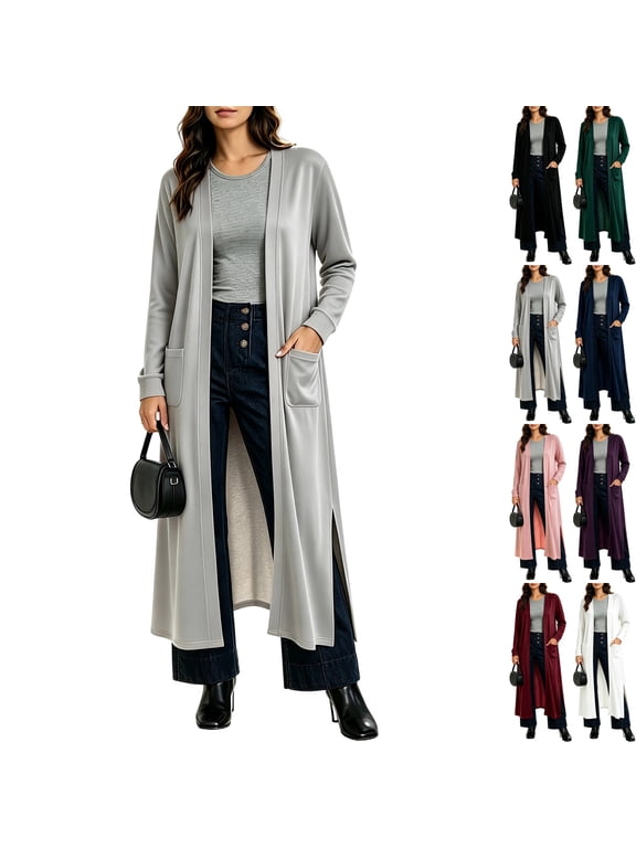 Womens Lightweight Open Front Cardigan Duster Maxi Long Sleeve Side Split Coatigan Sweaters with Pockets Casual Travel Cozy Lounge Fall Outfits, Gray, S