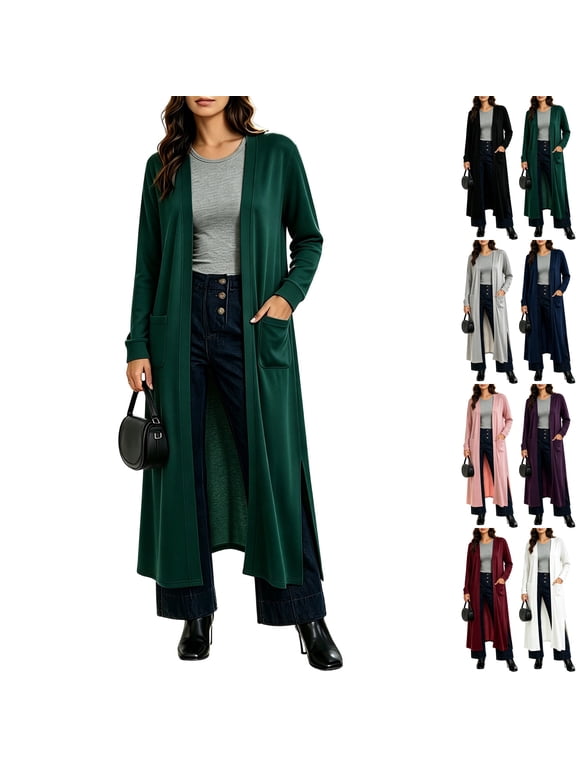 Womens Lightweight Open Front Cardigan Duster Maxi Long Sleeve Side Split Coatigan Sweaters with Pockets Casual Travel Cozy Lounge Fall Outfits, Green, XXL