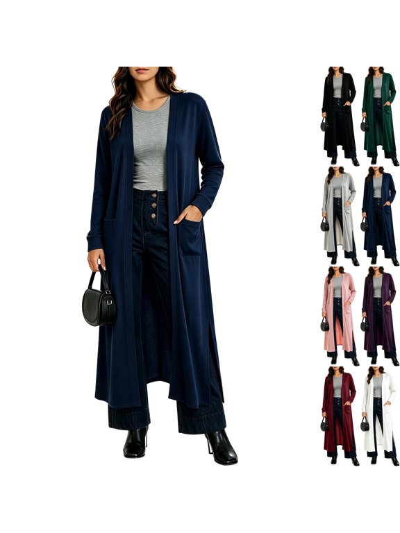 Womens Lightweight Open Front Cardigan Duster Maxi Long Sleeve Side Split Coatigan Sweaters with Pockets Casual Travel Cozy Lounge Fall Outfits, Navy, S
