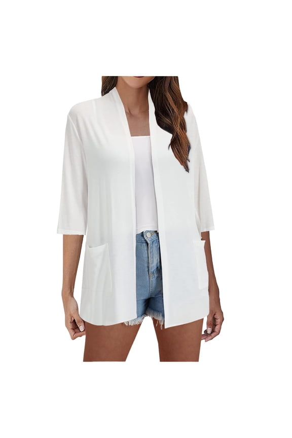 Womens Lightweight Open Front Cardigans Summer Fall Outwear Tops Thin Cover Ups Three Quarter Sleeve Sweater Casual Coats Tops Cardigan Cardigan Pocket 3/4 Sleeve Cardigan Leopard Print Sweater Womens