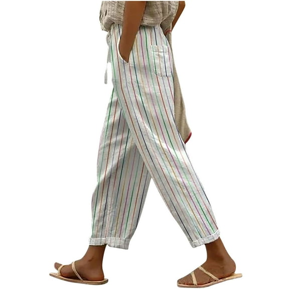 Womens Lightweight Pants Trendy Striped Print Elastic Waist Drawstring Lounge Beach Travel Trousers Plus Size (XL, White)