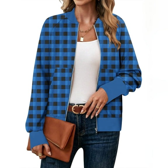 Womens Lightweight Plaid Jackets Stand Collar Zip up Checkered Coat Casual Long Sleeve Outerwear with Pockets New Long Sleeve Jackets for Women Blue M
