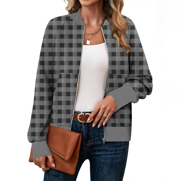 Womens Lightweight Plaid Jackets Stand Collar Zip up Checkered Coat Casual Long Sleeve Outerwear with Pockets New Oversized Outerwear Jackets Gray M