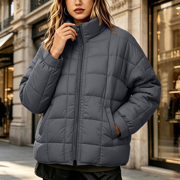 Womens Lightweight Puffer Jacket Zip Up Stand Collar Box Quilted Oversized Padded Coat Warm Fall Winter Casual Outerwear with Pockets