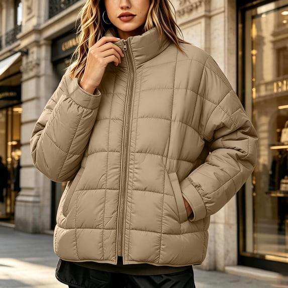 Womens Lightweight Puffer Jacket Zip Up Stand Collar Box Quilted Oversized Padded Coat Warm Fall Winter Casual Outerwear with Pockets