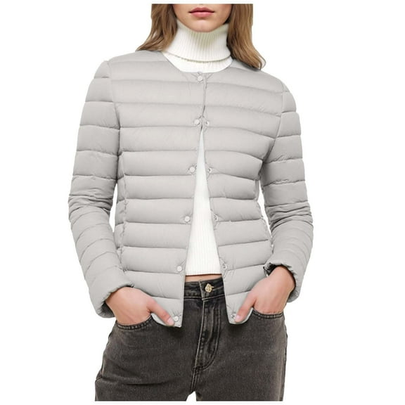 Womens Lightweight Puffer Jackets Fashion Collarless Button down Jacket Loose Winter Warm Down Coats (4XL, Gray)