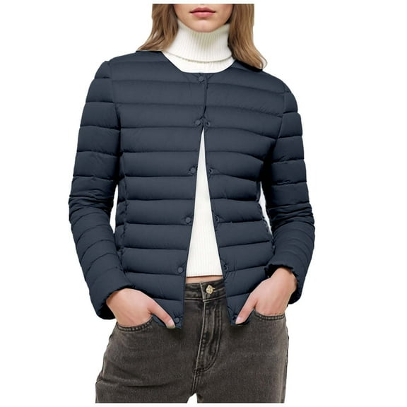 Womens Lightweight Puffer Jackets Fashion Collarless Button down Jacket Loose Winter Warm Down Coats (4XL, Navy)