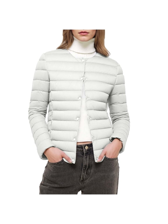 Womens Lightweight Puffer Jackets Fashion Collarless Button down Jacket Loose Winter Warm Down Coats (XXL, White)
