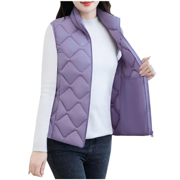 Womens Lightweight Puffer Vest Jacket Plus SIze Winter Thick Warm Outerwear Sleeveless Stand Collar Full-zip Coat (2XL, Purple)