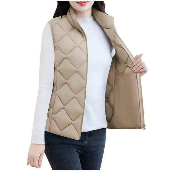 Womens Lightweight Puffer Vest Jacket Plus SIze Winter Thick Warm Outerwear Sleeveless Stand Collar Full-zip Coat (5XL, Khaki)