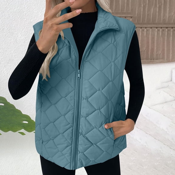 Womens Lightweight Puffer Vests with Pockets Zip up Stand Collar Sleeveless Quilted Jacket Winter Warm Outerwear New Women's Vests Casual Outerwear Light Blue XL