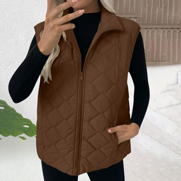 Womens Lightweight Puffer Vests with Pockets Zip up Stand Collar Sleeveless Quilted Jacket Winter Warm Outerwear New Women's Casual Jackets Brown M