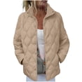 thumbnail image 1 of Womens Lightweight Quilted Jacket No Hood Long Sleeve Button-up Stand Collar Puffy Warm Winter Coats with Pocket (L, Khaki), 1 of 7