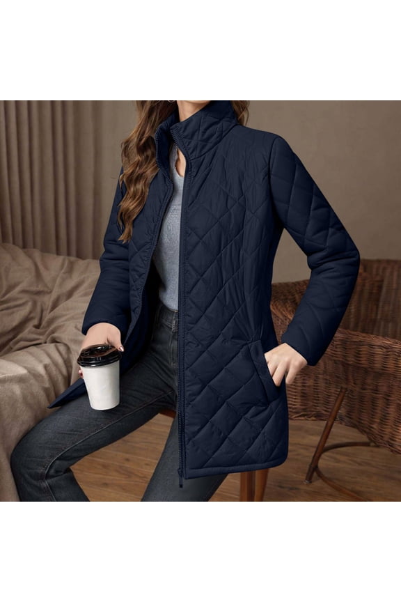 Womens Lightweight Quilted Jackets Fall Winter Full Zip Puffer Coat Comfy Warm Outerwear with Pockets New Navy XL