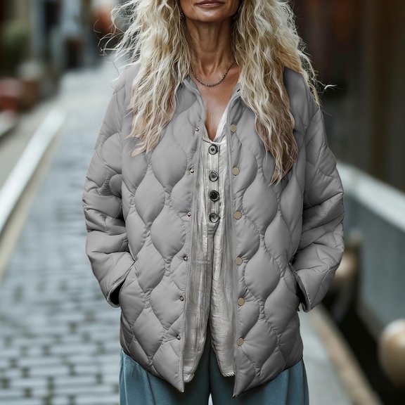 Womens Lightweight Quilted Puffer Jacket Fall Button down Loose Stand Collar Warm Coats Outerwear with Pockets New Oversized Outerwear Jackets Gray XL