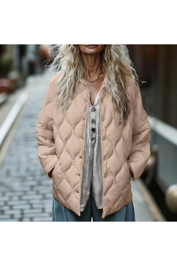 Womens Lightweight Quilted Puffer Jacket Fall Button down Loose Stand Collar Warm Coats Outerwear with Pockets New Womens Outerwear Jacket Khaki S