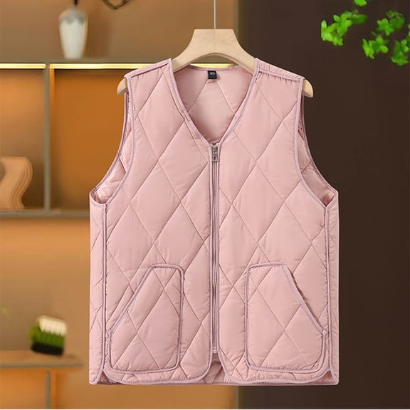 Womens Lightweight Quilted Puffer Vests Padded Zip up Sleeveless Jacket Oversized Waistcoat Outerwear with Pockets New Pinky 5XL